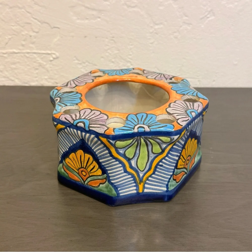 Vintage Talavera Mexican Pottery Toothbrush Holder Octagon Hand Painted Mexico
